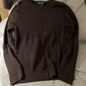 Lauren Ralph, Lauren Brown ribbed sweater with leather accents on shoulders